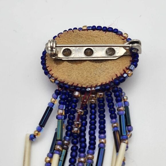 Handmade Native American Tiger's Eye, Glass Seed Beads, & Porcupine Quill Brooch - Picture 4 of 5